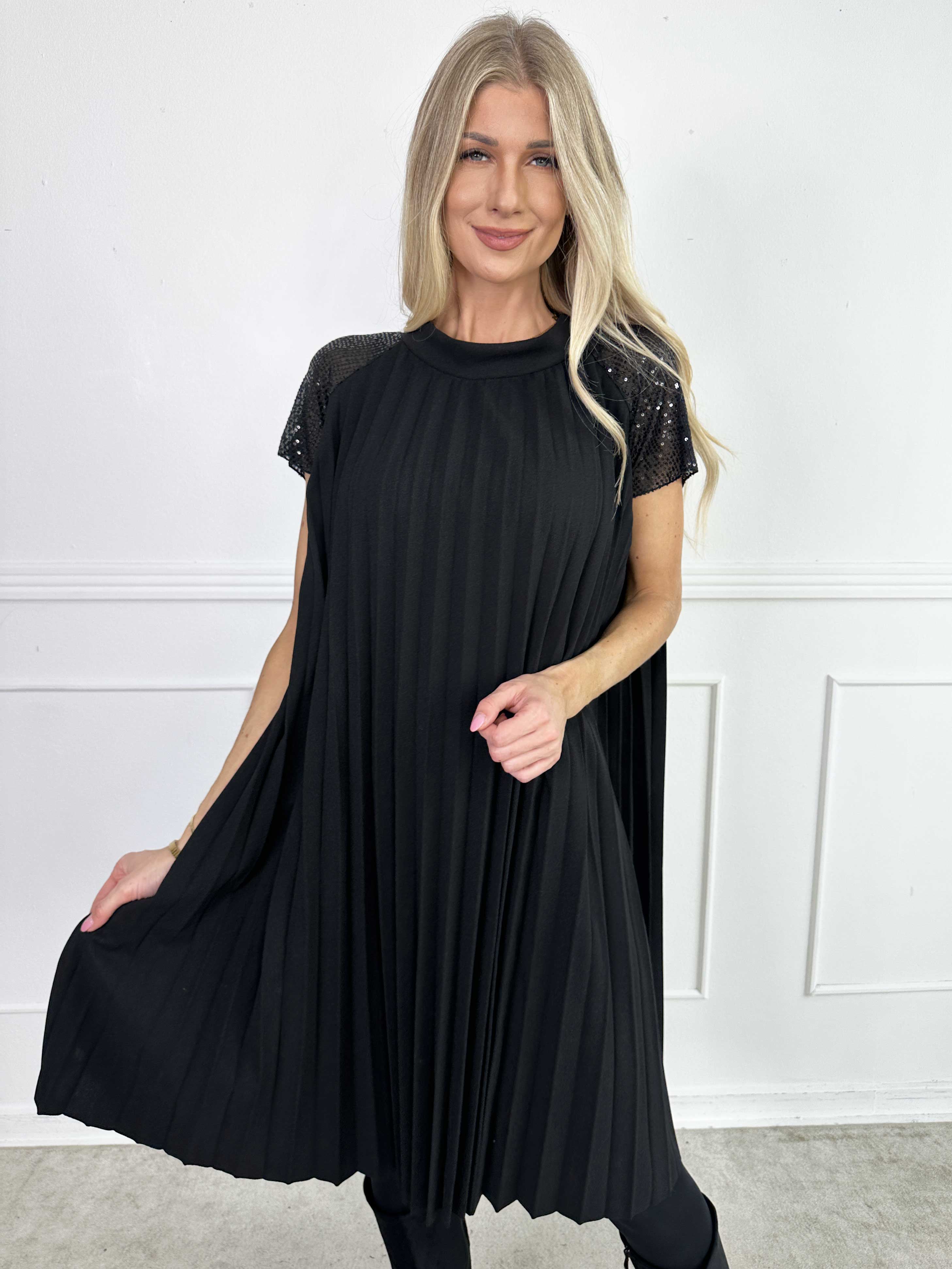 Electra - Plisseret kjole med A-facon og pailletærmer